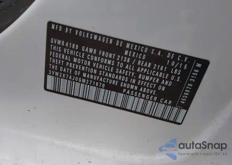 2016 Volkswagen Jetta 1.4T S z USA, uszkodzony, nr VIN 3VW267AJ0GM271670